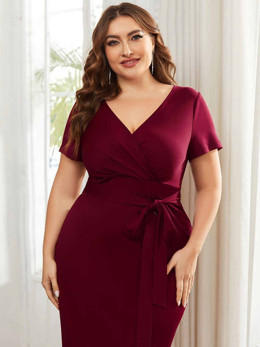 Robe décontractée fourreau à col en V et à taille nouée à manches courtes #Couleur_Marine Fume Robe décontractée fourreau à col en V et à taille nouée à manches courtes