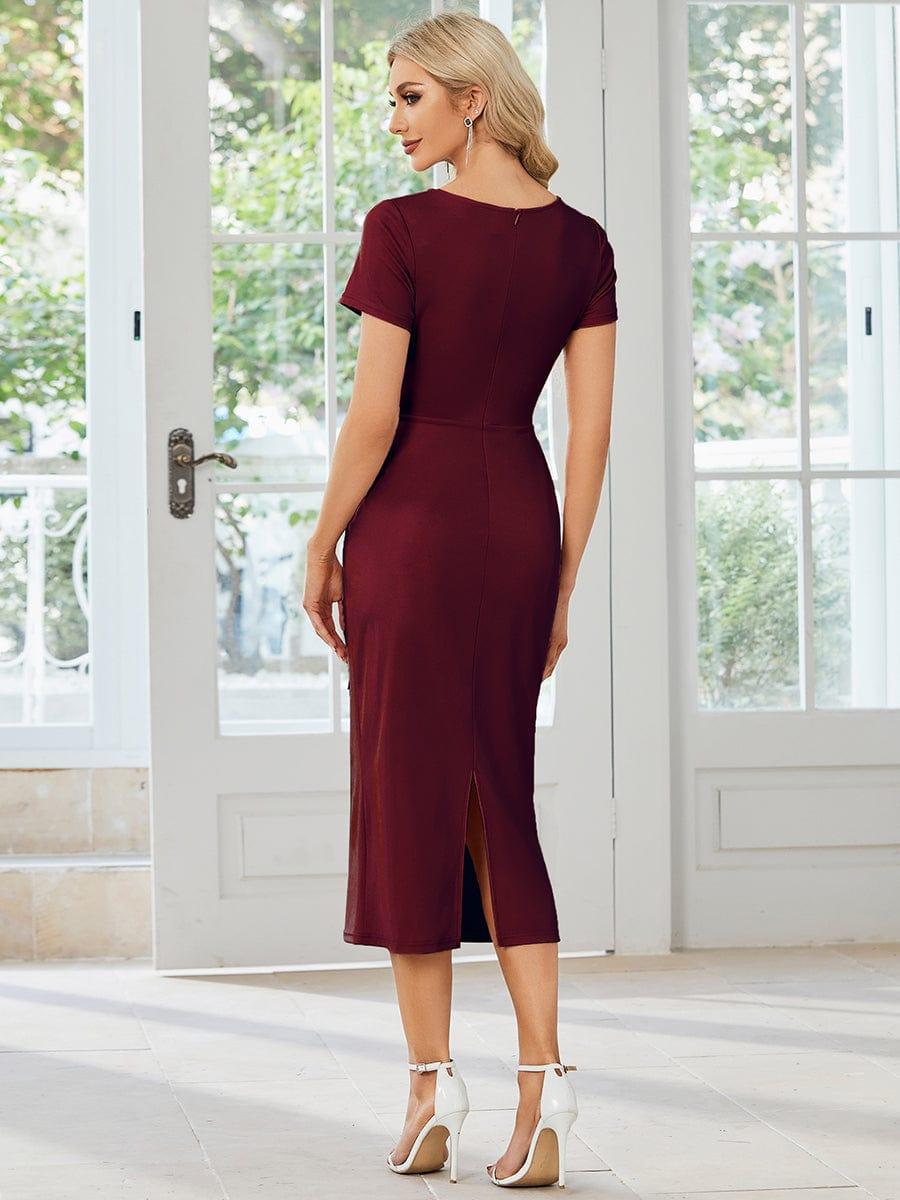 Robe décontractée fourreau à col en V et à taille nouée à manches courtes #Couleur_Marine Fume Robe décontractée fourreau à col en V et à taille nouée à manches courtes