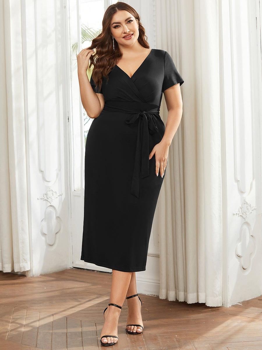Robe décontractée fourreau à col en V et à taille nouée à manches courtes #Couleur_Marine Fume Robe décontractée fourreau à col en V et à taille nouée à manches courtes