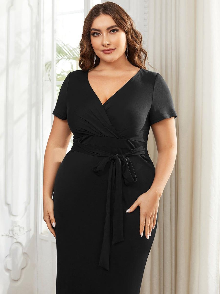 Robe décontractée fourreau à col en V et à taille nouée à manches courtes #Couleur_Marine Fume Robe décontractée fourreau à col en V et à taille nouée à manches courtes