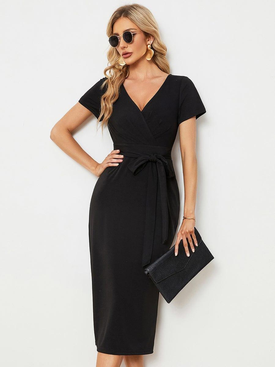 Robe décontractée fourreau à col en V et à taille nouée à manches courtes #Couleur_Marine Fume Robe décontractée fourreau à col en V et à taille nouée à manches courtes