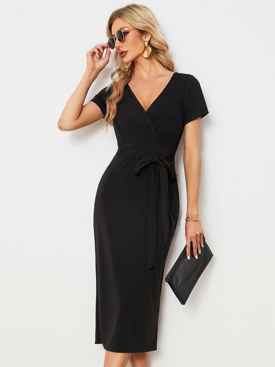 Robe décontractée fourreau à col en V et à taille nouée à manches courtes #Couleur_Marine Fume Robe décontractée fourreau à col en V et à taille nouée à manches courtes