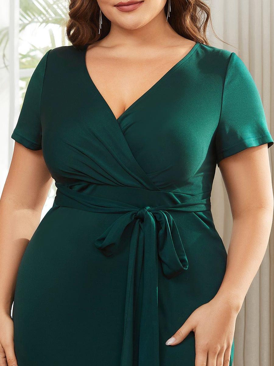 Robe décontractée fourreau à col en V et à taille nouée à manches courtes #Couleur_Marine Fume Robe décontractée fourreau à col en V et à taille nouée à manches courtes