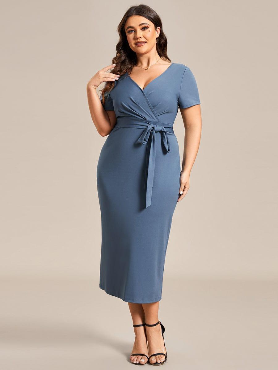 Robe décontractée fourreau à col en V et à taille nouée à manches courtes #Couleur_Marine Fume Robe décontractée fourreau à col en V et à taille nouée à manches courtes