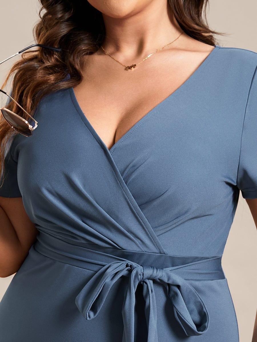 Robe décontractée fourreau à col en V et à taille nouée à manches courtes #Couleur_Marine Fume Robe décontractée fourreau à col en V et à taille nouée à manches courtes