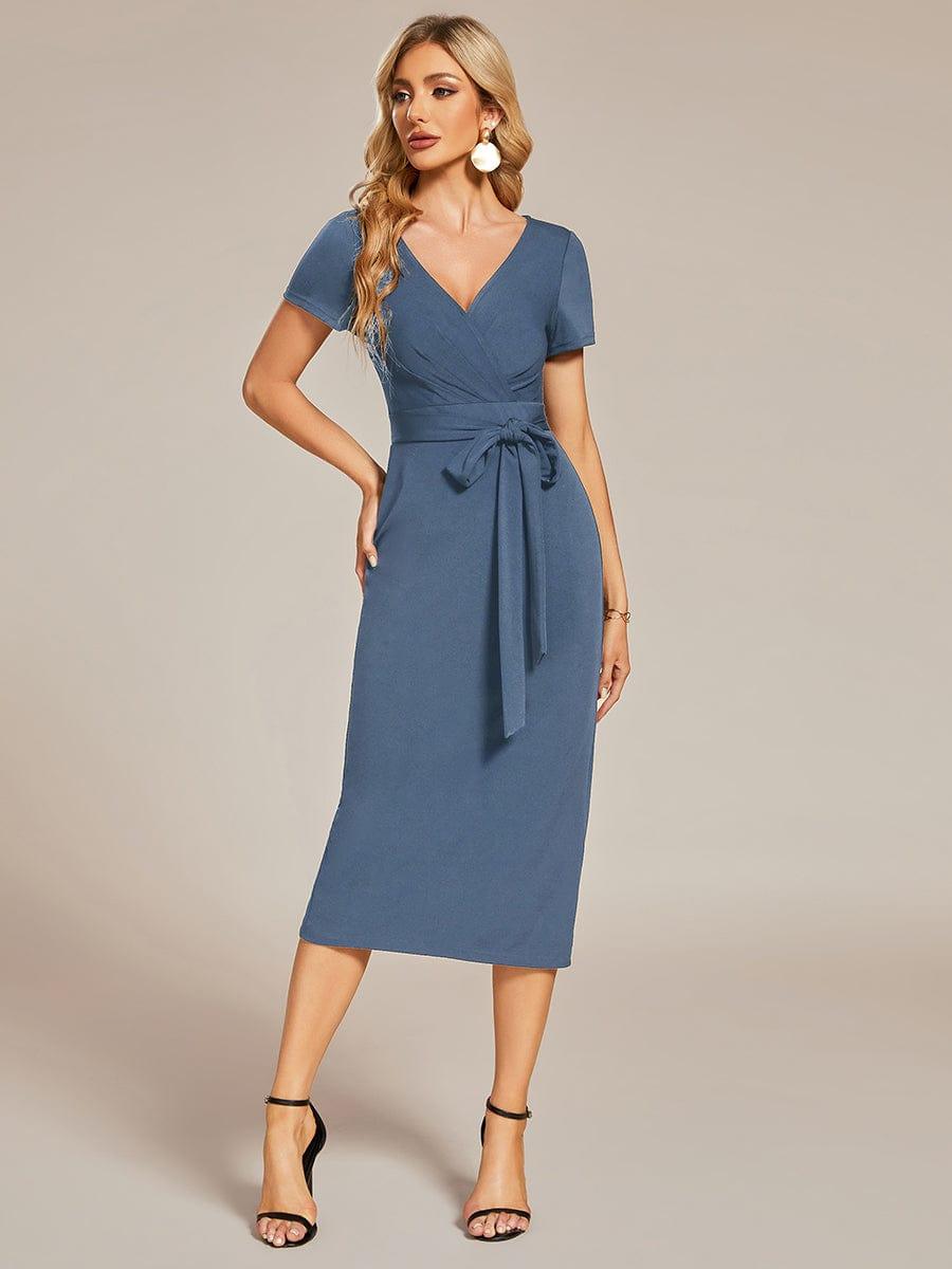 Robe décontractée fourreau à col en V et à taille nouée à manches courtes #Couleur_Marine Fume Robe décontractée fourreau à col en V et à taille nouée à manches courtes