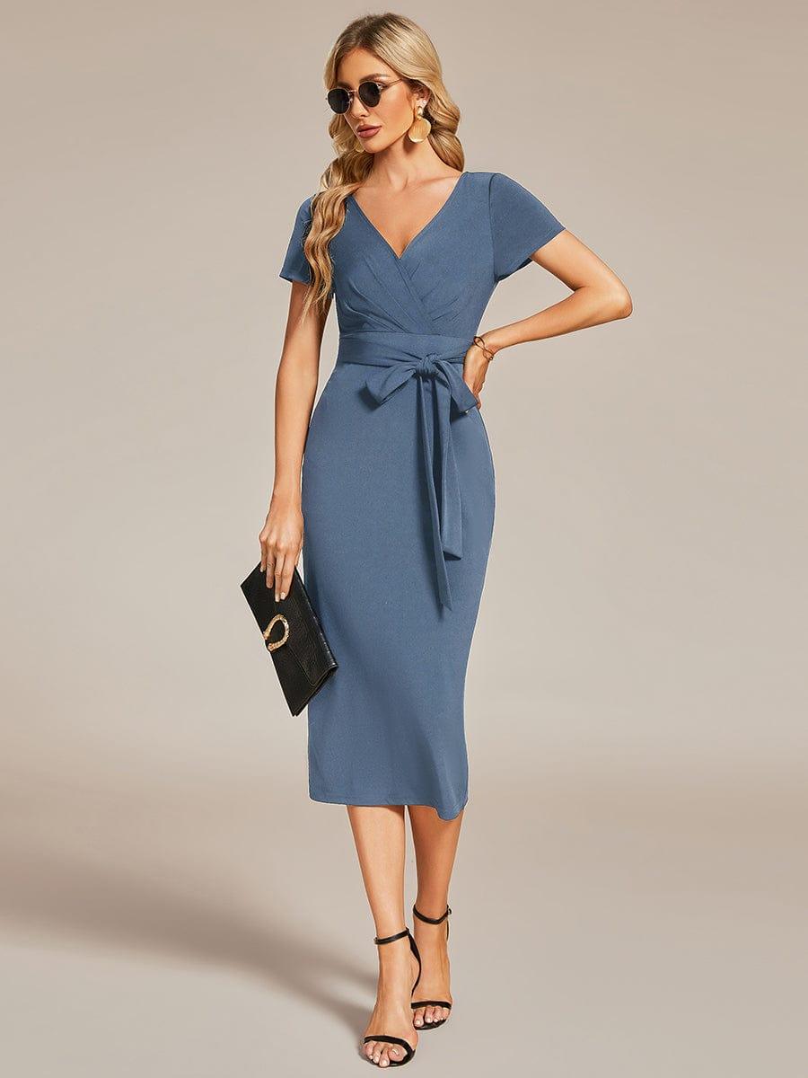 Robe décontractée fourreau à col en V et à taille nouée à manches courtes #Couleur_Marine Fume Robe décontractée fourreau à col en V et à taille nouée à manches courtes