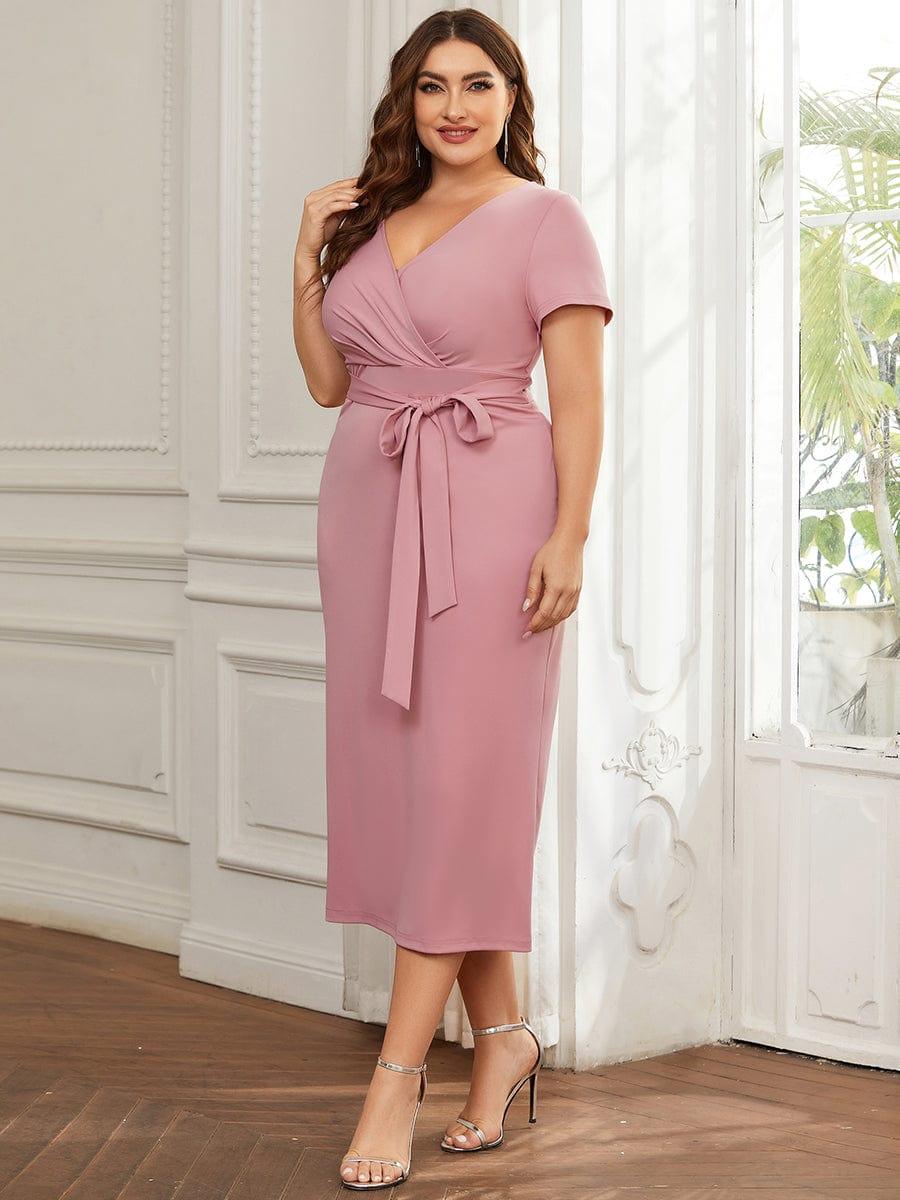 Robe décontractée fourreau à col en V et à taille nouée à manches courtes #Couleur_Marine Fume Robe décontractée fourreau à col en V et à taille nouée à manches courtes