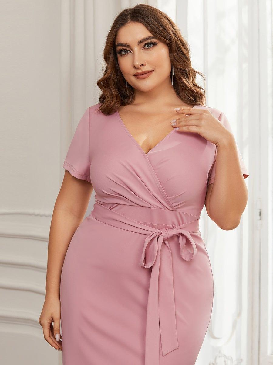 Robe décontractée fourreau à col en V et à taille nouée à manches courtes #Couleur_Marine Fume Robe décontractée fourreau à col en V et à taille nouée à manches courtes