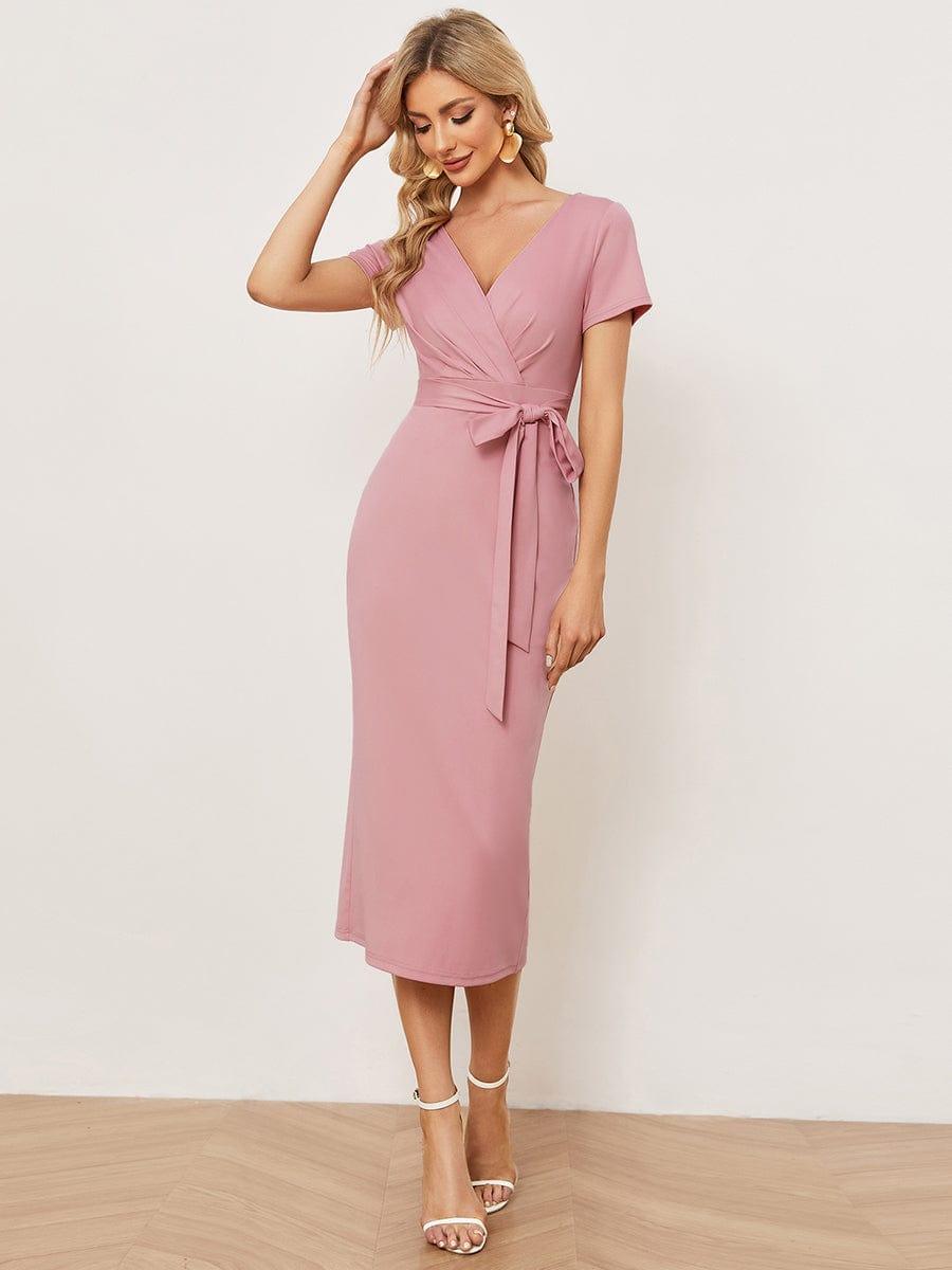 Robe décontractée fourreau à col en V et à taille nouée à manches courtes #Couleur_Marine Fume Robe décontractée fourreau à col en V et à taille nouée à manches courtes
