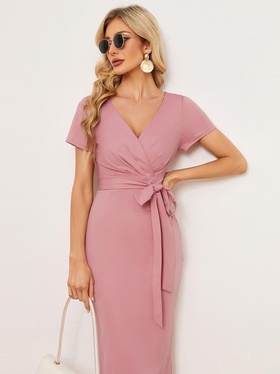 Robe décontractée fourreau à col en V et à taille nouée à manches courtes #Couleur_Marine Fume Robe décontractée fourreau à col en V et à taille nouée à manches courtes