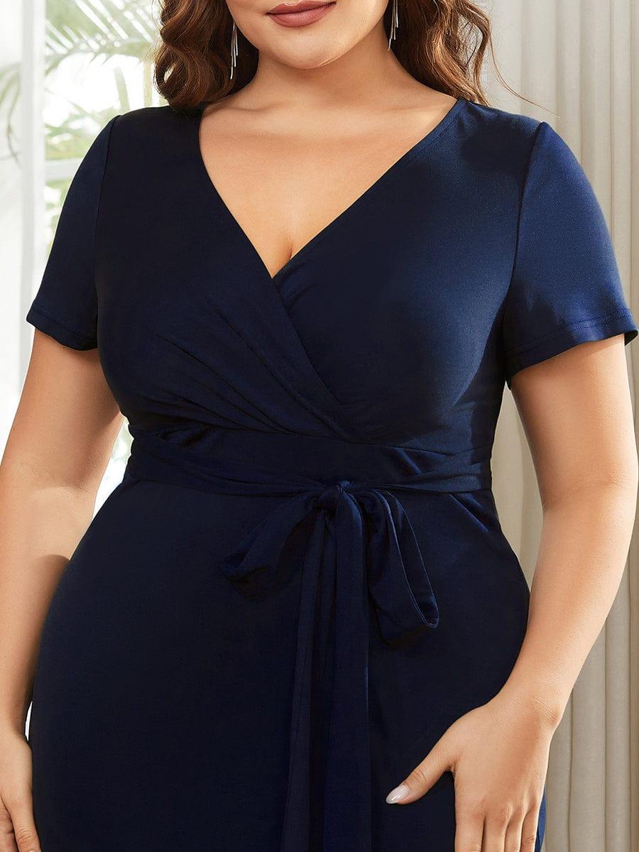 Robe décontractée fourreau à col en V et à taille nouée à manches courtes #Couleur_Marine Fume Robe décontractée fourreau à col en V et à taille nouée à manches courtes
