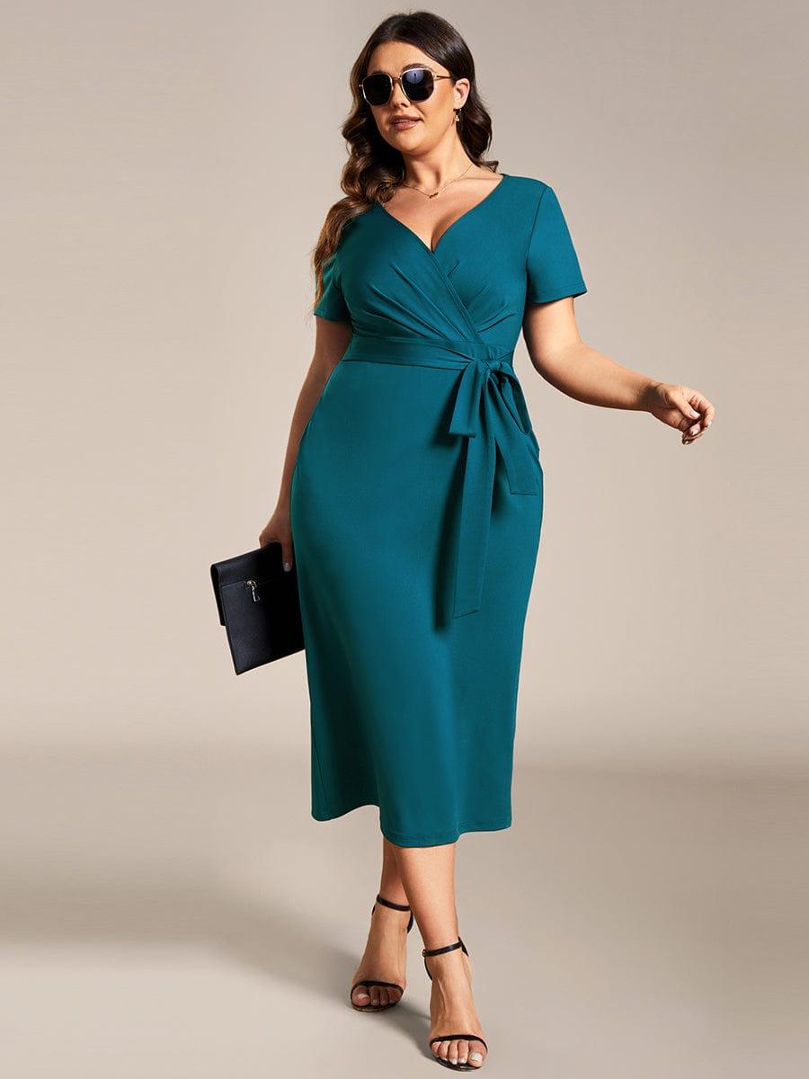 Robe décontractée fourreau à col en V et à taille nouée à manches courtes #Couleur_Marine Fume Robe décontractée fourreau à col en V et à taille nouée à manches courtes