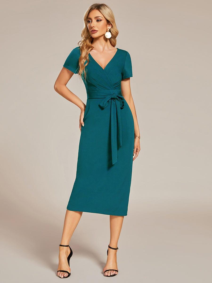 Robe décontractée fourreau à col en V et à taille nouée à manches courtes #Couleur_Marine Fume Robe décontractée fourreau à col en V et à taille nouée à manches courtes