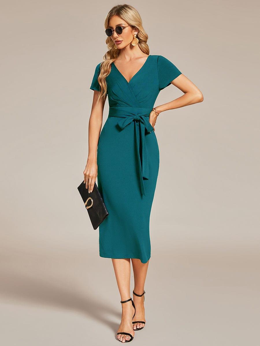 Robe décontractée fourreau à col en V et à taille nouée à manches courtes #Couleur_Marine Fume Robe décontractée fourreau à col en V et à taille nouée à manches courtes