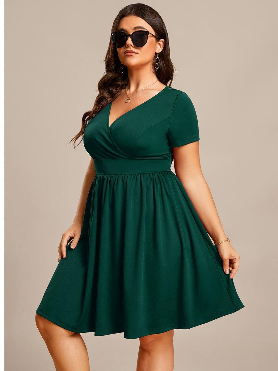 Robe Décontractée Col V Manches Courtes A-Linees #Couleur_Vert Fonce Robe Décontractée Col V Manches Courtes A-Line