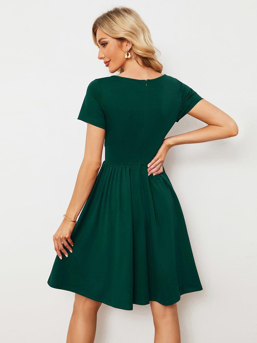 Robe Décontractée Col V Manches Courtes A-Linees #Couleur_Vert Fonce Robe Décontractée Col V Manches Courtes A-Line
