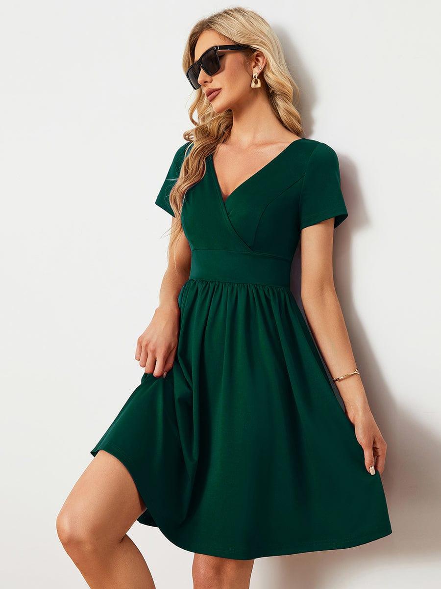 Robe Décontractée Col V Manches Courtes A-Linees #Couleur_Vert Fonce Robe Décontractée Col V Manches Courtes A-Line