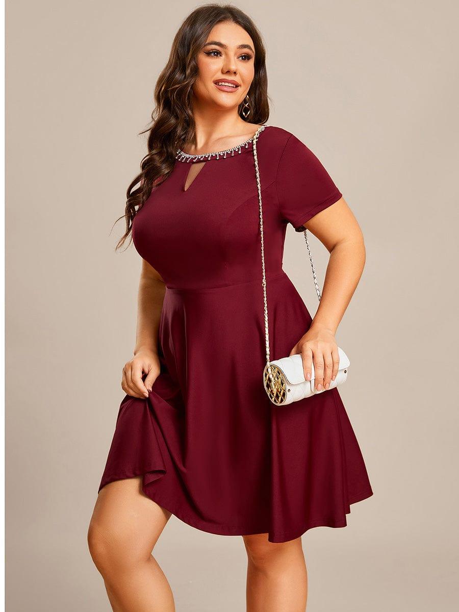 RRobe Décontractée décolleté en strass Manches Courtes A-Line Mini #Couleur_Bordeaux Robe Décontractée décolleté en strass Manches Courtes A-Line Mini