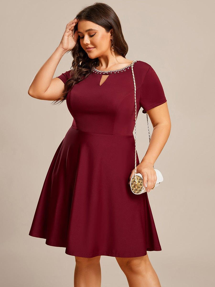 RRobe Décontractée décolleté en strass Manches Courtes A-Line Mini #Couleur_Bordeaux Robe Décontractée décolleté en strass Manches Courtes A-Line Mini