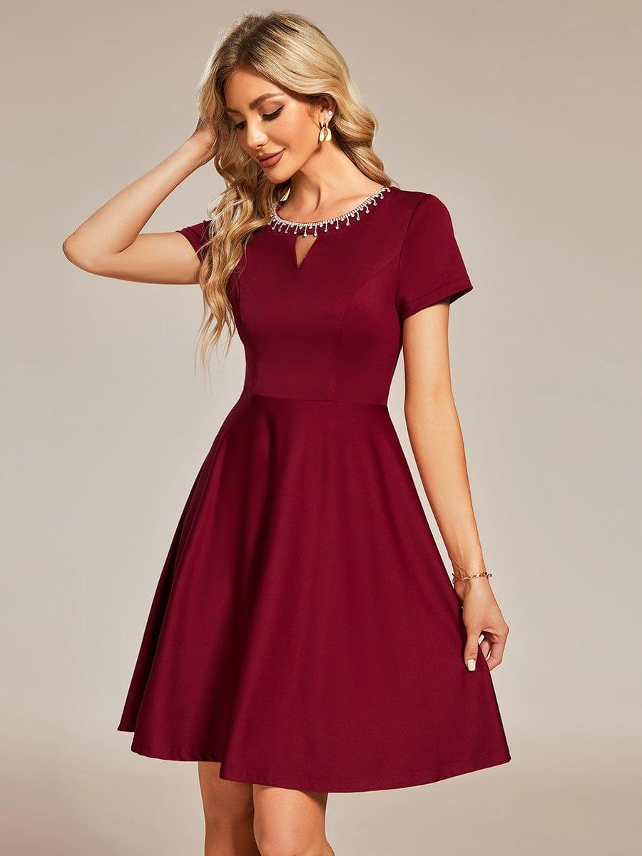 RRobe Décontractée décolleté en strass Manches Courtes A-Line Mini #Couleur_Bordeaux Robe Décontractée décolleté en strass Manches Courtes A-Line Mini