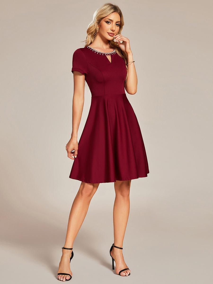 RRobe Décontractée décolleté en strass Manches Courtes A-Line Mini #Couleur_Bordeaux Robe Décontractée décolleté en strass Manches Courtes A-Line Mini
