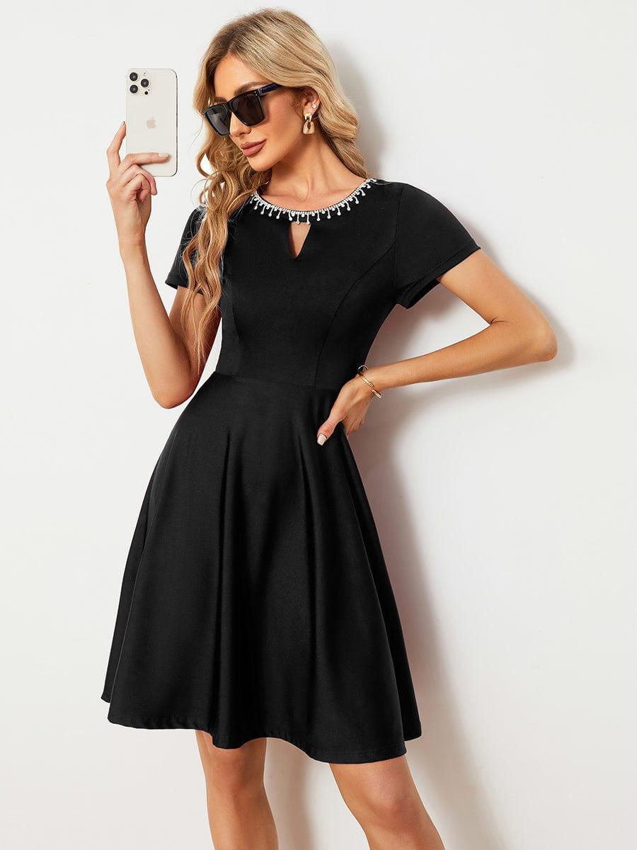 RRobe Décontractée décolleté en strass Manches Courtes A-Line Mini #Couleur_Bordeaux Robe Décontractée décolleté en strass Manches Courtes A-Line Mini