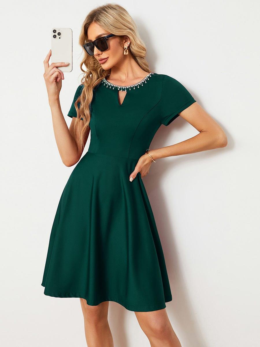 RRobe Décontractée décolleté en strass Manches Courtes A-Line Mini #Couleur_Bordeaux Robe Décontractée décolleté en strass Manches Courtes A-Line Mini