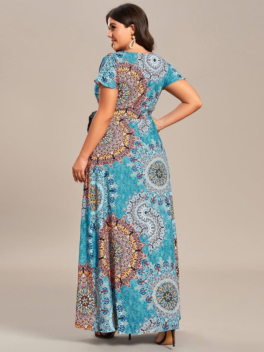 Robe Décontractée d'été une pièce imprimée à manches courtes et taille nouée #Couleur_Bleu Clair Boheme Robe Décontractée d'été une pièce imprimée à manches courtes et taille nouée