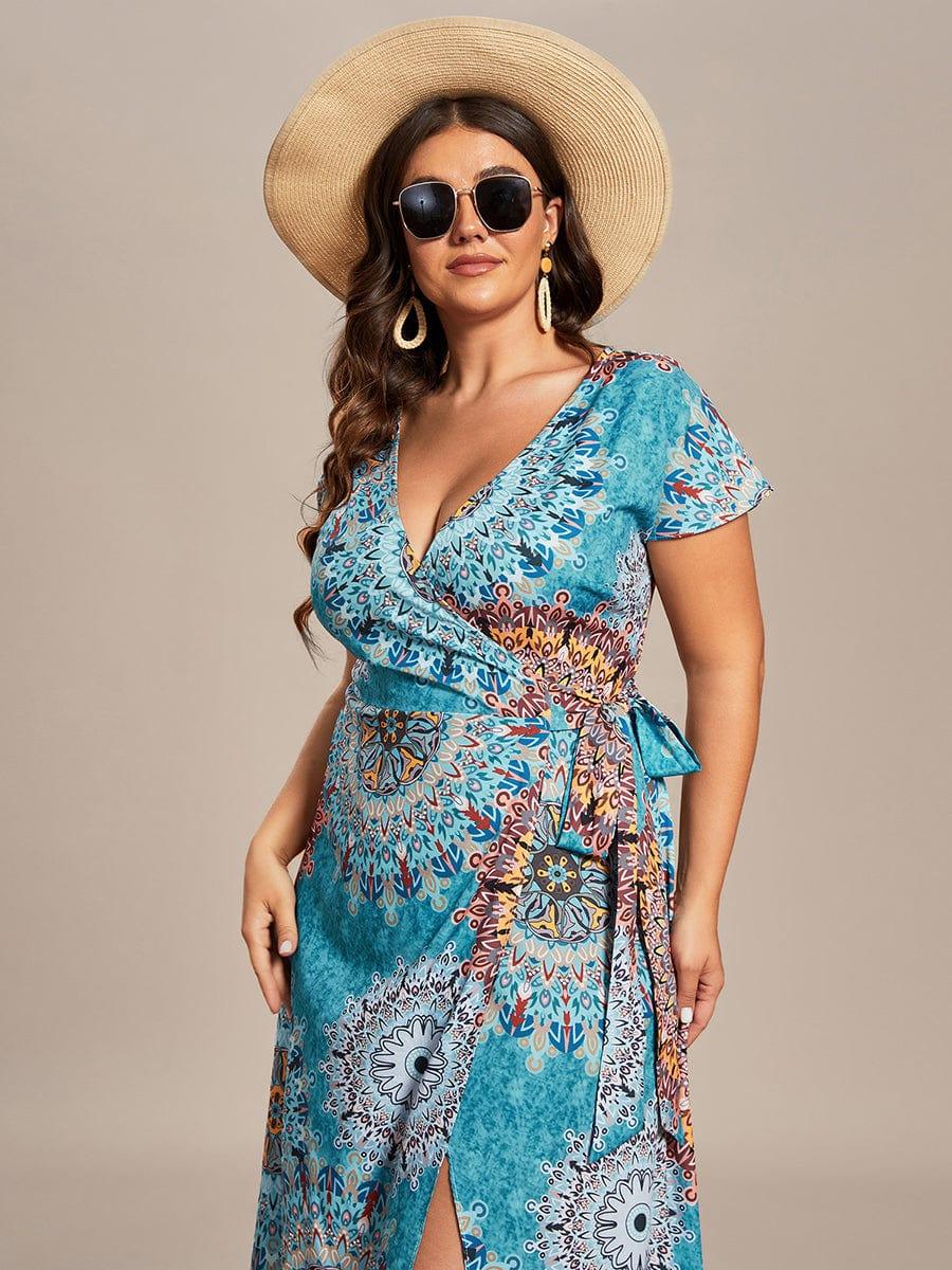 Robe Décontractée d'été une pièce imprimée à manches courtes et taille nouée #Couleur_Bleu Clair Boheme Robe Décontractée d'été une pièce imprimée à manches courtes et taille nouée