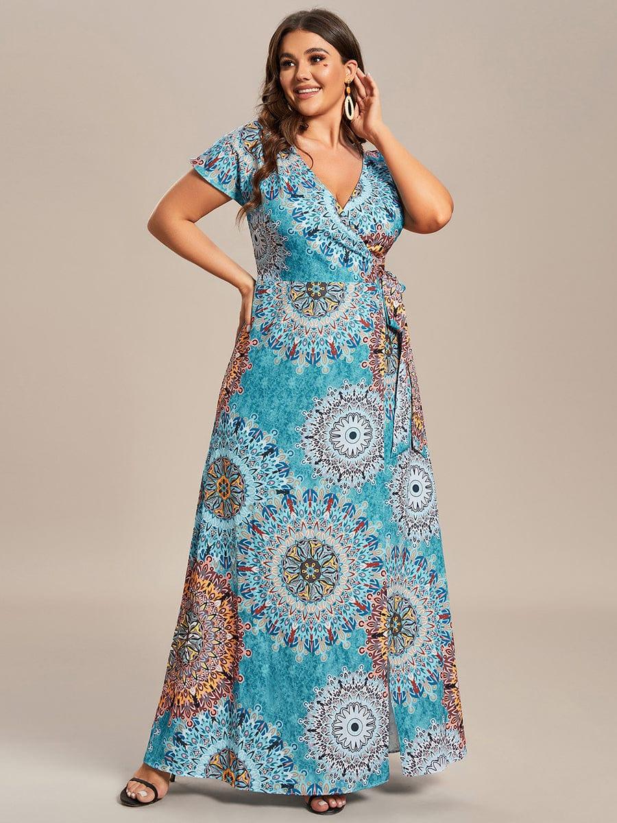 Robe Décontractée d'été une pièce imprimée à manches courtes et taille nouée #Couleur_Bleu Clair Boheme Robe Décontractée d'été une pièce imprimée à manches courtes et taille nouée