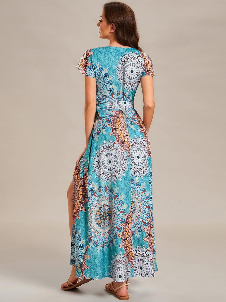 Robe Décontractée d'été une pièce imprimée à manches courtes et taille nouée #Couleur_Bleu Clair Boheme Robe Décontractée d'été une pièce imprimée à manches courtes et taille nouée