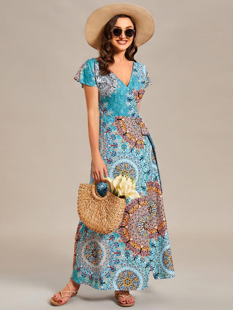 Robe Décontractée d'été une pièce imprimée à manches courtes et taille nouée #Couleur_Bleu Clair Boheme Robe Décontractée d'été une pièce imprimée à manches courtes et taille nouée