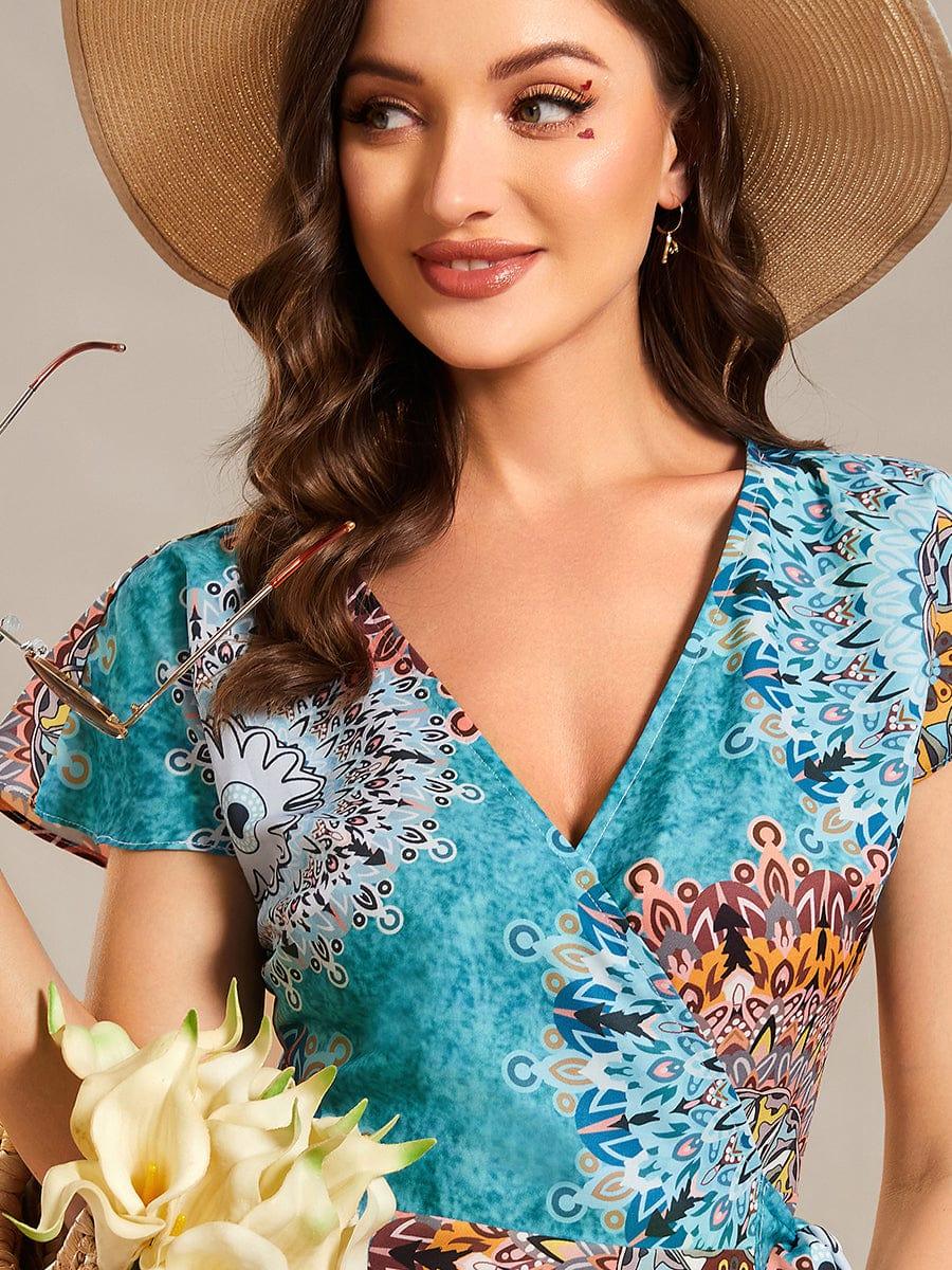Robe Décontractée d'été une pièce imprimée à manches courtes et taille nouée #Couleur_Bleu Clair Boheme Robe Décontractée d'été une pièce imprimée à manches courtes et taille nouée