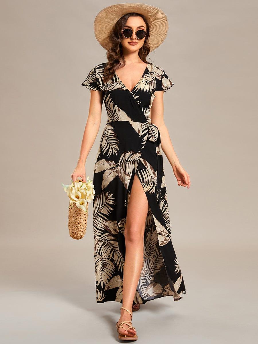 Robe Décontractée d'été une pièce imprimée à manches courtes et taille nouée #Couleur_Bleu Clair Boheme Robe Décontractée d'été une pièce imprimée à manches courtes et taille nouée