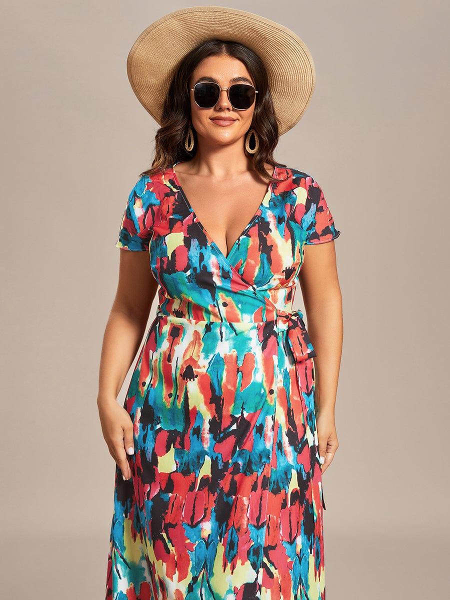 Robe Décontractée d'été une pièce imprimée à manches courtes et taille nouée #Couleur_Bleu Clair Boheme Robe Décontractée d'été une pièce imprimée à manches courtes et taille nouée
