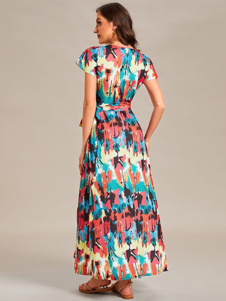 Robe Décontractée d'été une pièce imprimée à manches courtes et taille nouée #Couleur_Bleu Clair Boheme Robe Décontractée d'été une pièce imprimée à manches courtes et taille nouée