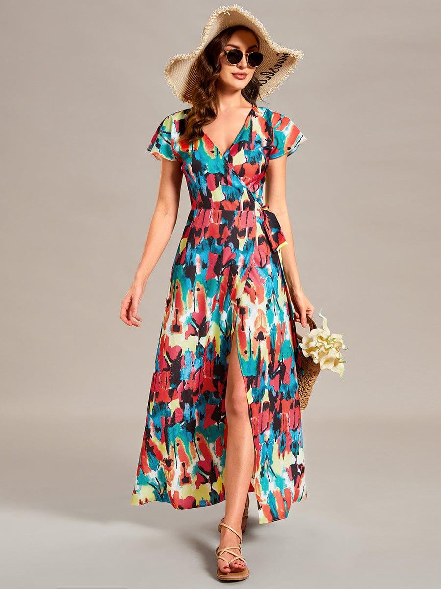 Robe Décontractée d'été une pièce imprimée à manches courtes et taille nouée #Couleur_Bleu Clair Boheme Robe Décontractée d'été une pièce imprimée à manches courtes et taille nouée