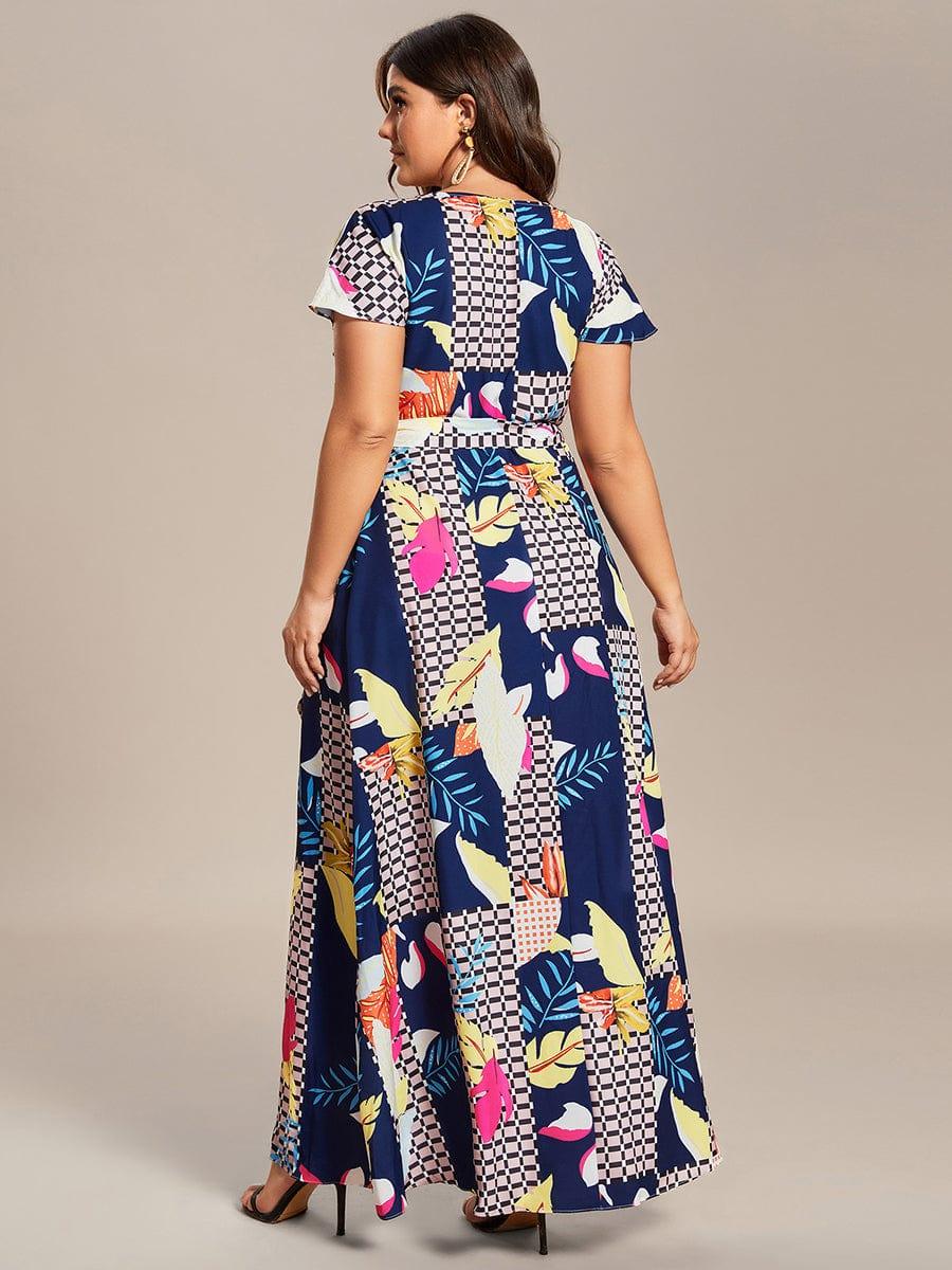Robe Décontractée d'été une pièce imprimée à manches courtes et taille nouée #Couleur_Bleu Clair Boheme Robe Décontractée d'été une pièce imprimée à manches courtes et taille nouée