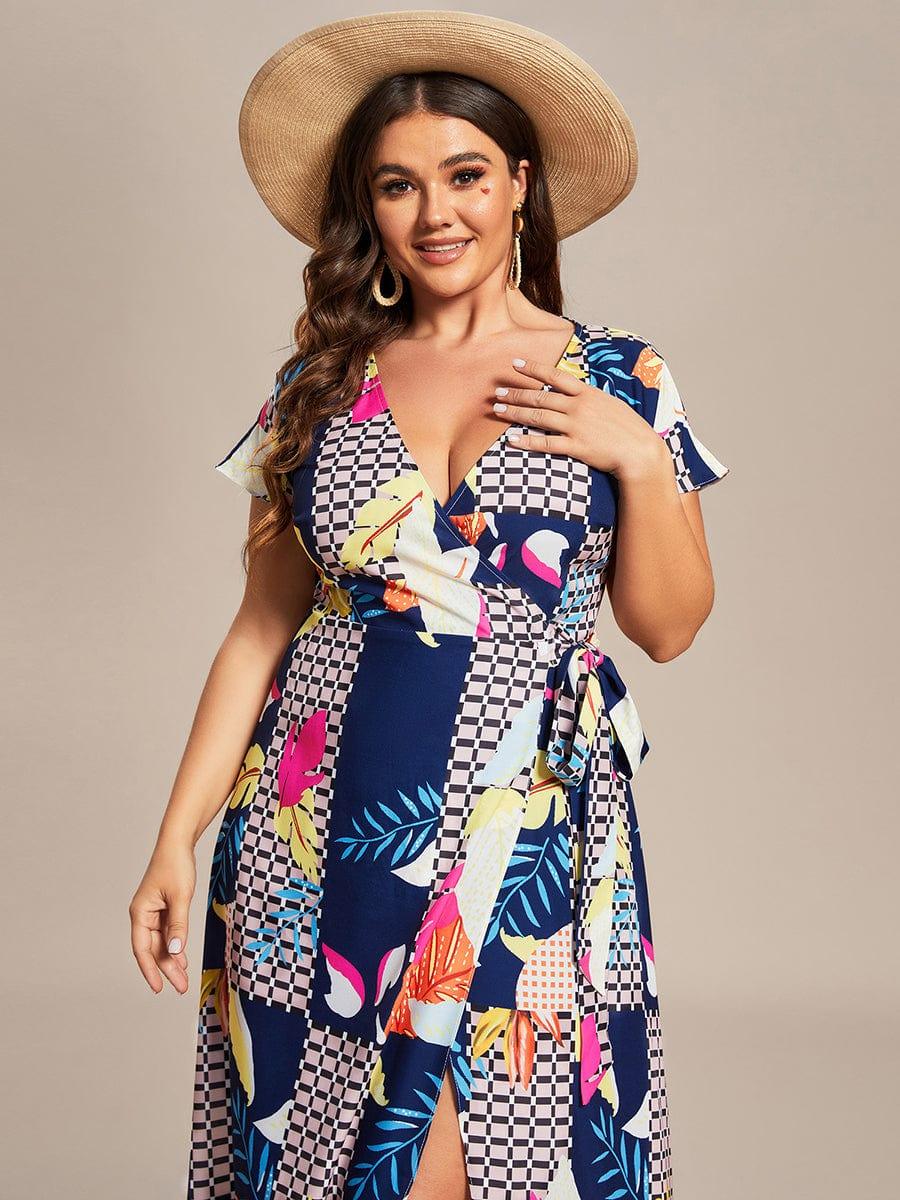 Robe Décontractée d'été une pièce imprimée à manches courtes et taille nouée #Couleur_Bleu Clair Boheme Robe Décontractée d'été une pièce imprimée à manches courtes et taille nouée