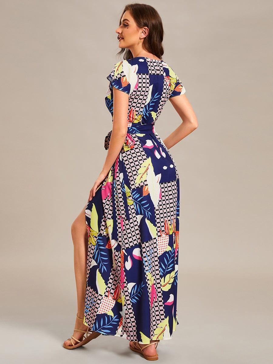 Robe Décontractée d'été une pièce imprimée à manches courtes et taille nouée #Couleur_Bleu Clair Boheme Robe Décontractée d'été une pièce imprimée à manches courtes et taille nouée