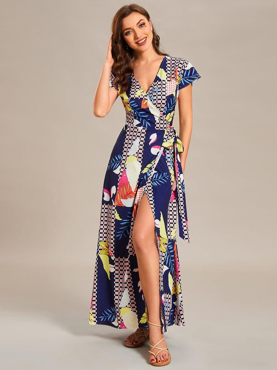 Robe Décontractée d'été une pièce imprimée à manches courtes et taille nouée #Couleur_Bleu Clair Boheme Robe Décontractée d'été une pièce imprimée à manches courtes et taille nouée