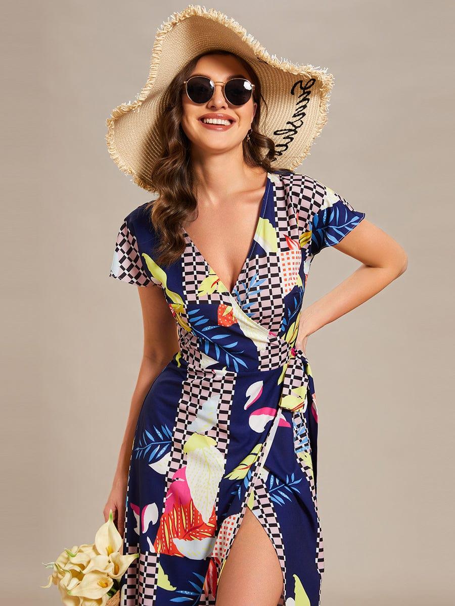 Robe Décontractée d'été une pièce imprimée à manches courtes et taille nouée #Couleur_Bleu Clair Boheme Robe Décontractée d'été une pièce imprimée à manches courtes et taille nouée