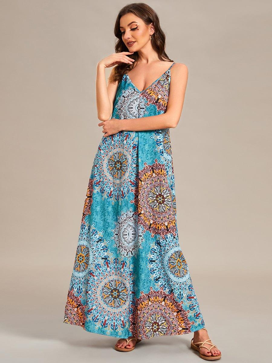 Robe d'été Plage Vacances maxi ample à bretelles fines A Ligne #Couleur_Noir Imprime Robe d'été Plage Vacances maxi ample à bretelles fines A Ligne