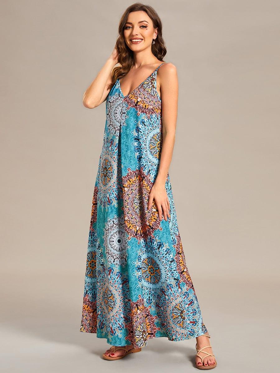 Robe d'été Plage Vacances maxi ample à bretelles fines A Ligne #Couleur_Noir Imprime Robe d'été Plage Vacances maxi ample à bretelles fines A Ligne