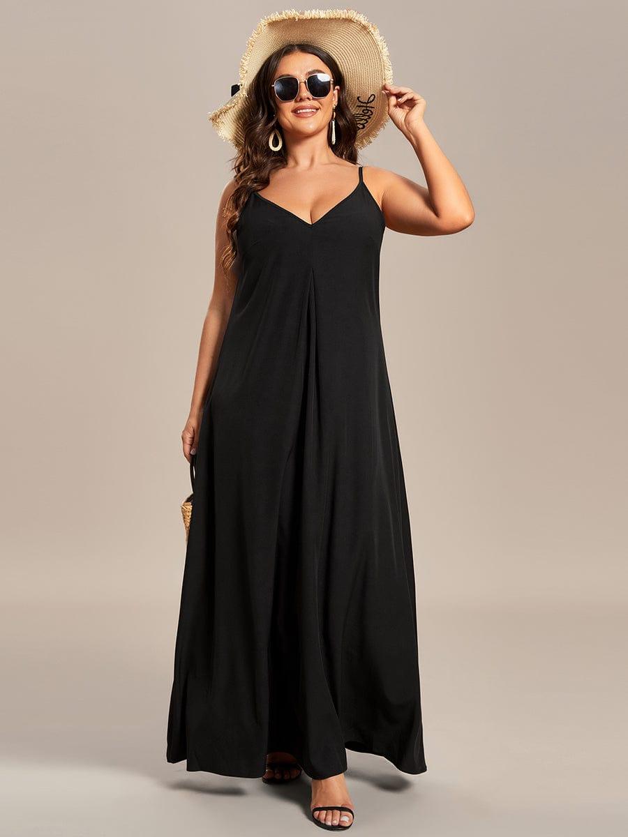 Robe d'été Plage Vacances maxi ample à bretelles fines A Ligne #Couleur_Noir Imprime Robe d'été Plage Vacances maxi ample à bretelles fines A Ligne