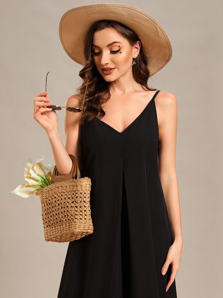 Robe d'été Plage Vacances maxi ample à bretelles fines A Ligne #Couleur_Noir Imprime Robe d'été Plage Vacances maxi ample à bretelles fines A Ligne