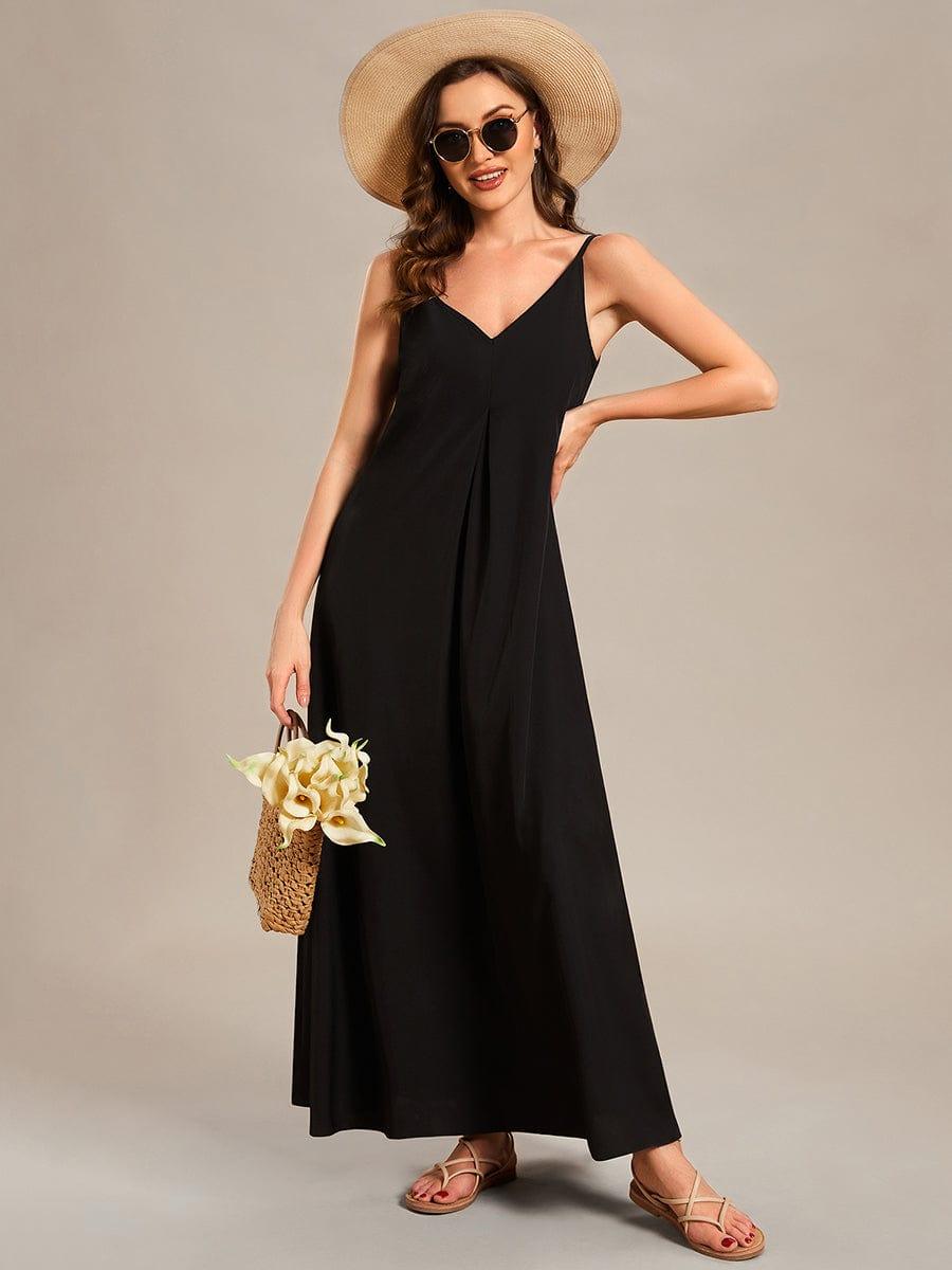 Robe d'été Plage Vacances maxi ample à bretelles fines A Ligne #Couleur_Noir Imprime Robe d'été Plage Vacances maxi ample à bretelles fines A Ligne