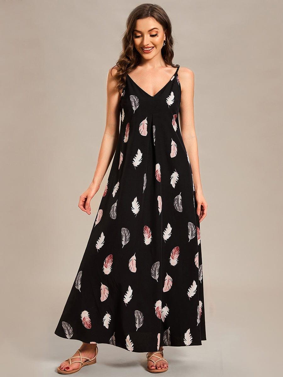 Robe d'été Plage Vacances maxi ample à bretelles fines A Ligne #Couleur_Noir Imprime Robe d'été Plage Vacances maxi ample à bretelles fines A Ligne
