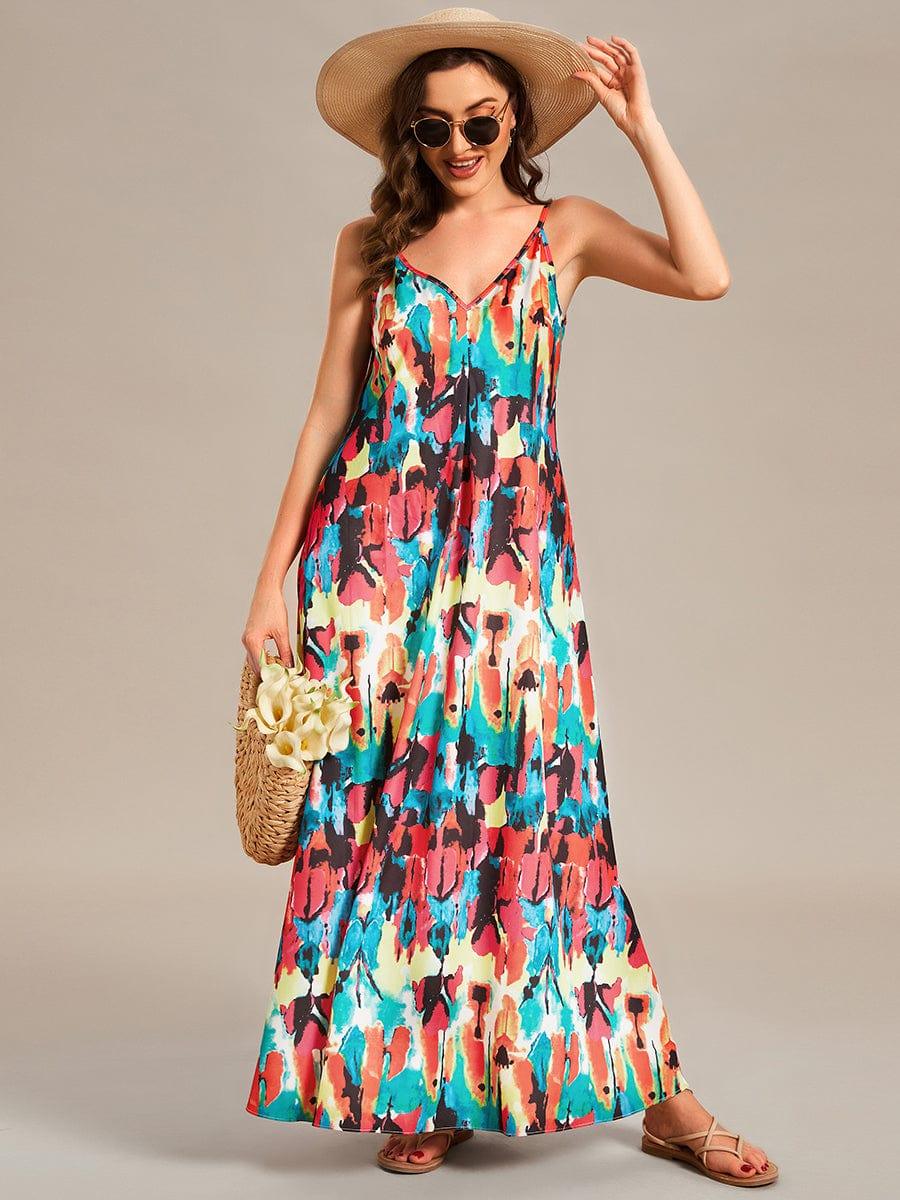 Robe d'été Plage Vacances maxi ample à bretelles fines A Ligne #Couleur_Noir Imprime Robe d'été Plage Vacances maxi ample à bretelles fines A Ligne